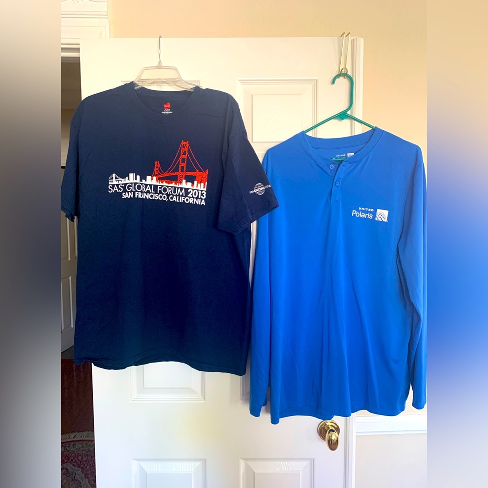 2 Shirts: Navy Crewneck T-Shirt w/Print, Blue Henley. Size XL